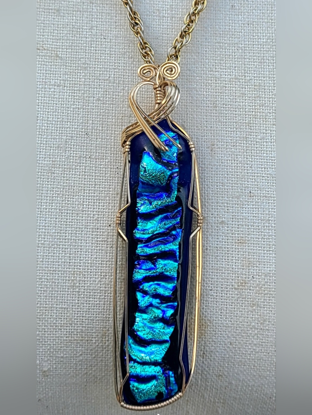 Gold-tone Wire-Wrapped Blue Dichroic Glass Pendant Necklace